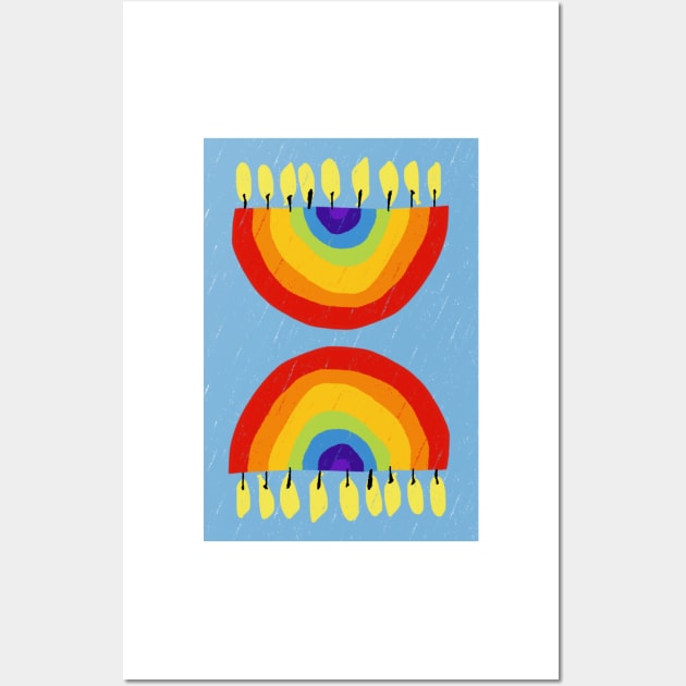 Rainbow Chanukiah Light Blue Print Wall Art by TillaCrowne